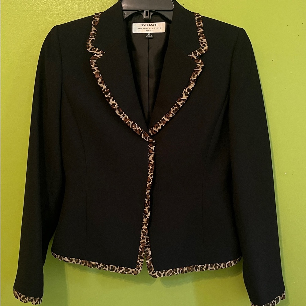 Tahari Black Suit with Leopard Trim. - Picture 2 of 8